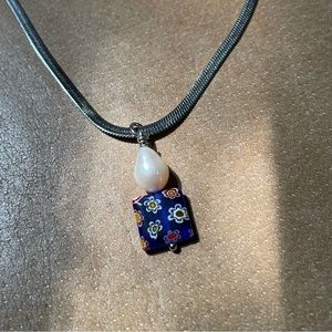 Italian glass floral Millefiori bead freshwater pearl blue silver snake chain